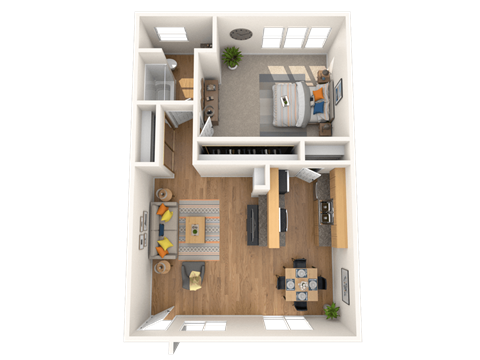 A top-down view of a small apartment with a kitchen, living room, and dining area.